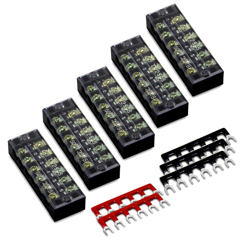 MILAPEAK 10pcs (5 Sets) 6 Positions Dual Row 600V 25A Screw Terminal Strip Blocks with Cover + 400V 25A 6 Positions Pre-Insulated Terminals Barrier Strip (Black & Red)