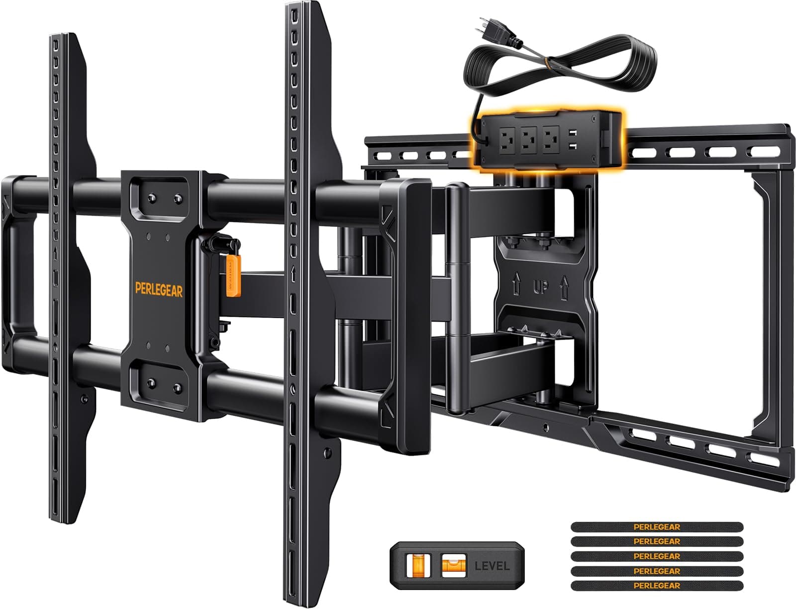 - Full Motion TV Wall Mount with Power Strip for 42–90 Inch TVs up to 150 lbs, Pre-Assembled TV Mount Has Smooth Swivel, Tilt, Extension, Max VESA 600x400mm, 12“/16”/24” Wood Studs, PGLF11