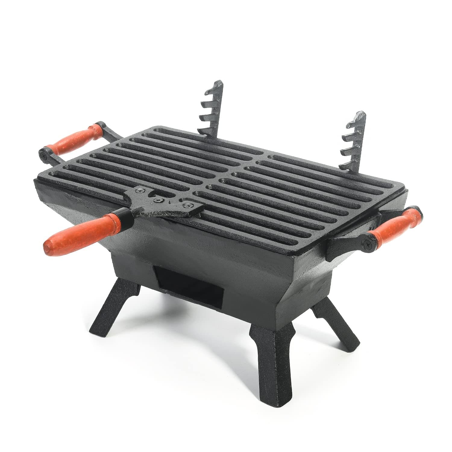 Compact Cast Iron Charcoal Grill - Tabletop BBQ Grill with Adjustable Grate & Wooden Handles, 12” x 7” Ideal for 1-3 People - Portable Heavy-Duty Grill for Camping, Balcony & Small Spaces