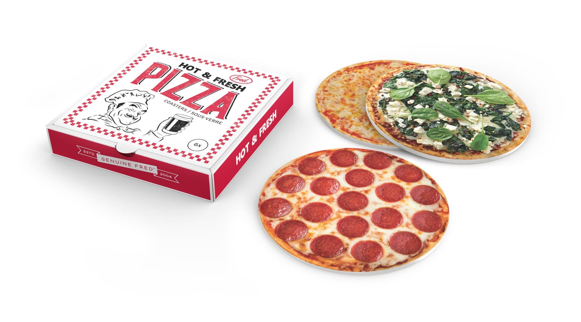 Genuine Fred HOT & FRESH PIZZA Paperboard Beverage Coasters, regular, Assorted