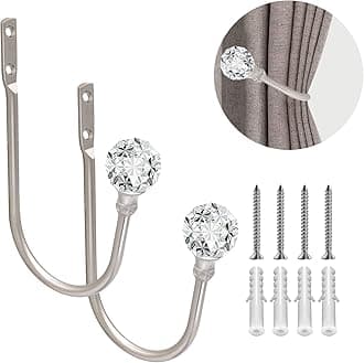 Curtain Drapery Holdback, Decorative Drapery Tieback Hooks with Crystal Ball, U Shaped Curtain Holders Wall Mounted Curtain Holdback, Heavy Duty Window Treatment Holdbacks for Home Decor 1 Pair Silve