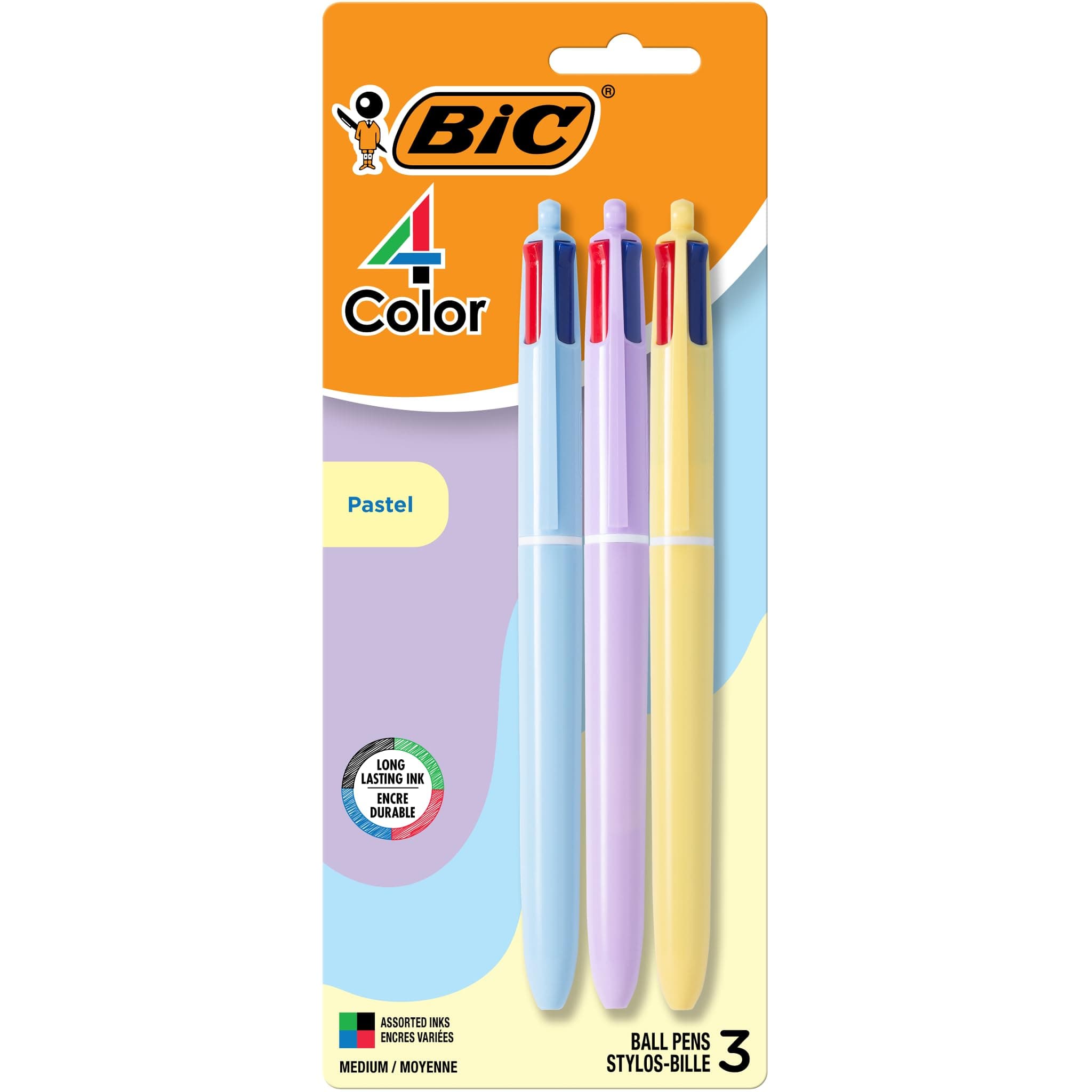 BIC 4 Color Pastel Ballpoint Pen with Soft-Touch Barrel and 1.0 mm Medium Point, 3-Count in Assorted Ink