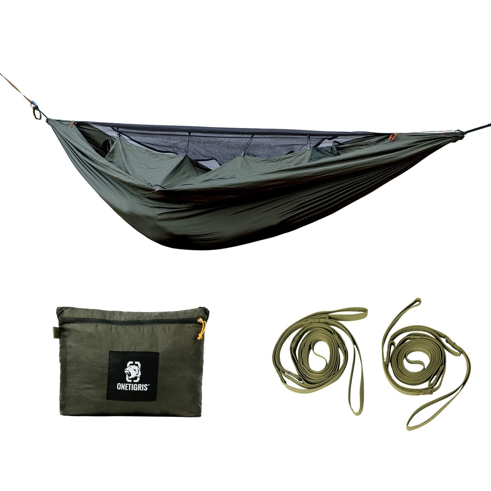 KOMPOUND Camping Hammock with Net, Lightweight Portable Hammock with Warm Internal Cover & Tree Friendly Straps for Backpacking, Camping, Hiking, Travel, Beach, Backyard Od Green