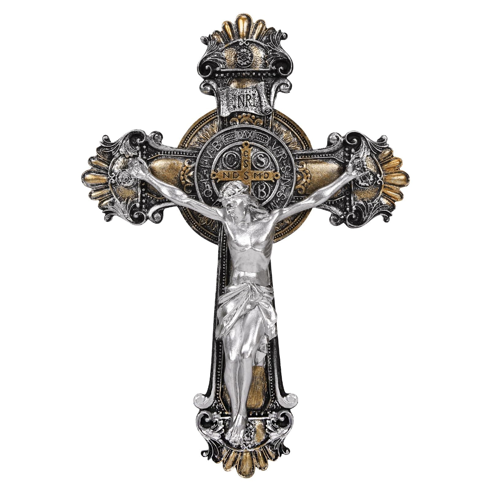 Saint St Benedict Crucifix Medal 2 Tone Wall 10 1/4 Inches, St Benedict Medals Crucifix Wall Cross Large, Hanging Catholic Jesus Christ Cross Wall Decor Religious Gifts, Cruz Del Medalla De San Benito