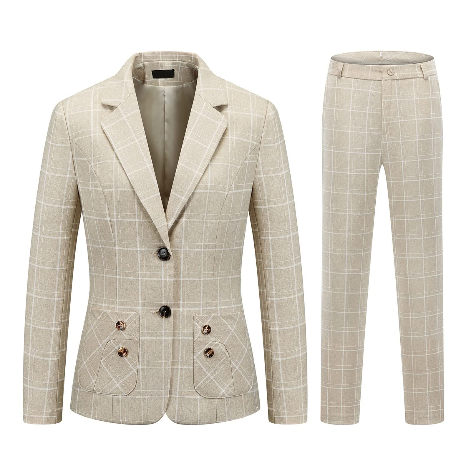 MODFULWomens 2 Piece Plaid Suits Casual Slim Fit Two Button Blazer and Pants Suit Set for Work Business Office