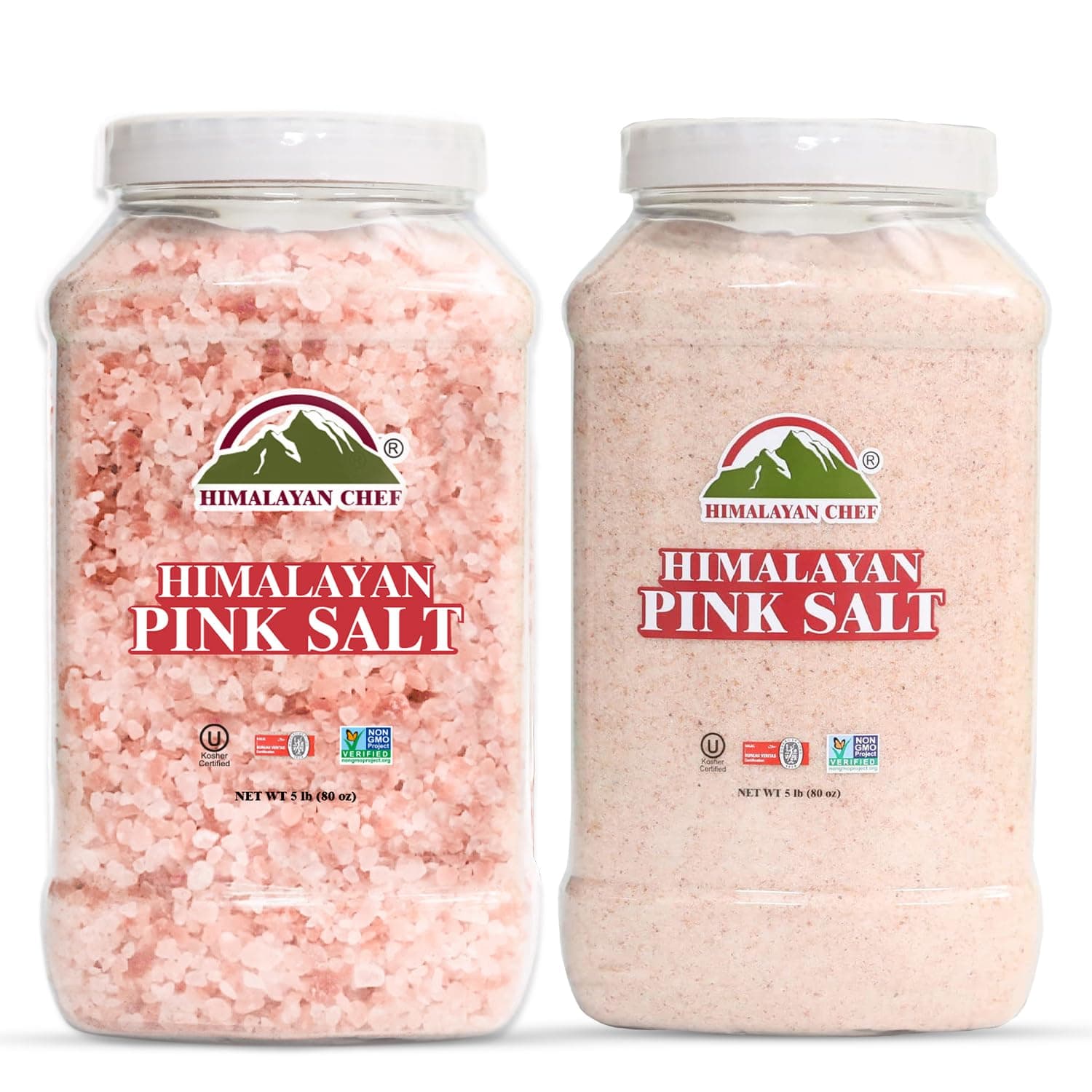 Himalayan ChefPink salt, Coarse Grain and Fine Grain, plastic jar- 5 lbs, Supreme quality, 100% Natural, Pack of 2
