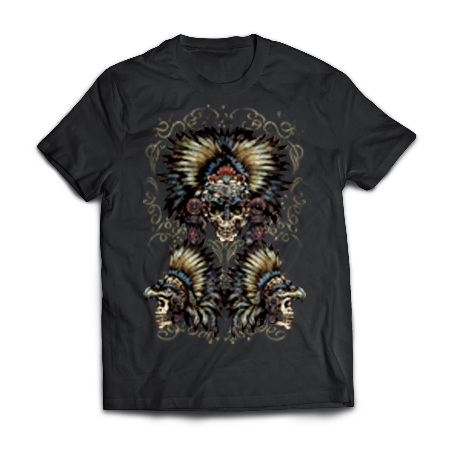 Phantasmic Arts Men's Native American Aztec Skulls Design Premium Crew Neck Tee T-Shirt (2XL, Black) Apparel