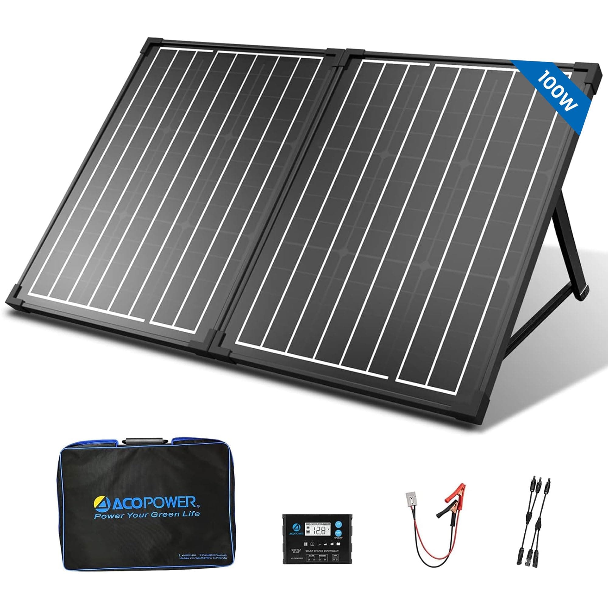 ACOPOWER 100Watt 12 Volt Portable Solar Panel with Waterproof 20A Charger Controller Foldable Solar Panel Kit Monocrystalline for Camping, RV, Black