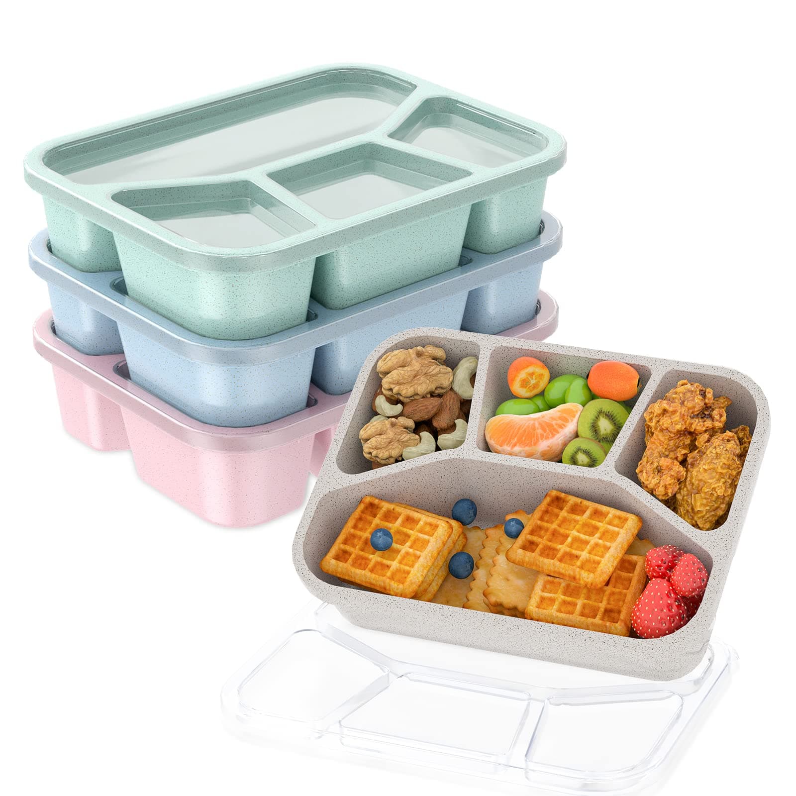 Bento Lunch Box for Kids (4 Pack), 4-Compartment Meal Prep Container with Transparent Cover, Freezer and Dishwasher Safe Food Storage Containers, Reusable Bento Adult Lunch Box for Work School Travel