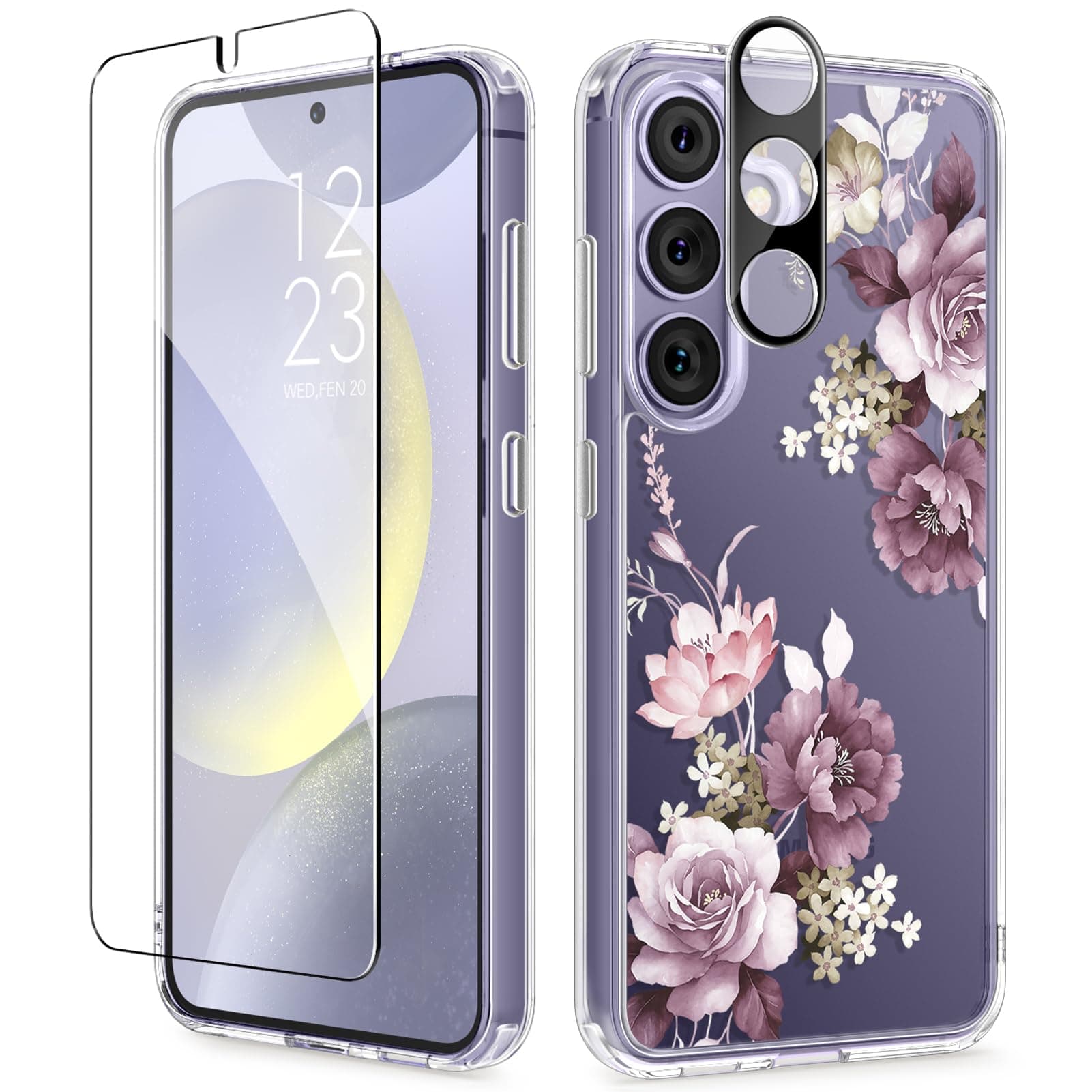 GVIEWIN Compatible with Samsung S24 Plus Case Galaxy 6.7" 2024,with Screen Protector+Camera Lens Protector,[10FT Drop Tested]Flower Clear Antiscratch Shockproof Protective Cover,Cherry Blossoms/PurpleClimatePartner certified