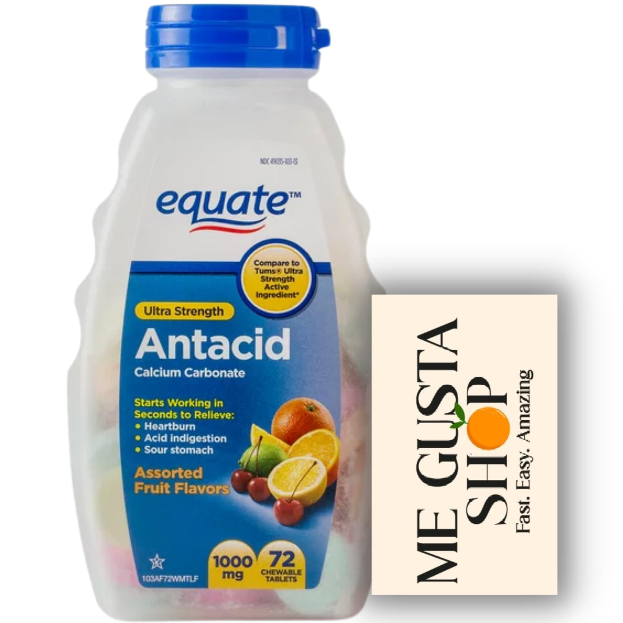Equate Ultra Strength Antacid Chewable Tablets, 1000 mg Assorted Fruit Flavor, 72 Count + me Gusta Sticker