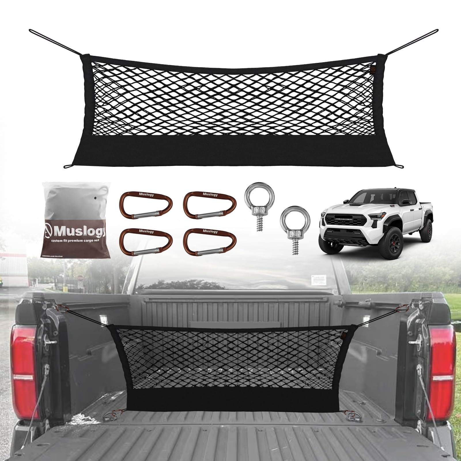 Muslogy Truck Bed Cargo Net Envelope Style Compatible with 2024 Toyota Tacoma Accessories Elastic Mesh Bed Net Stretchable Cargo Organizer with Hooks and Stainless Screw Replacement