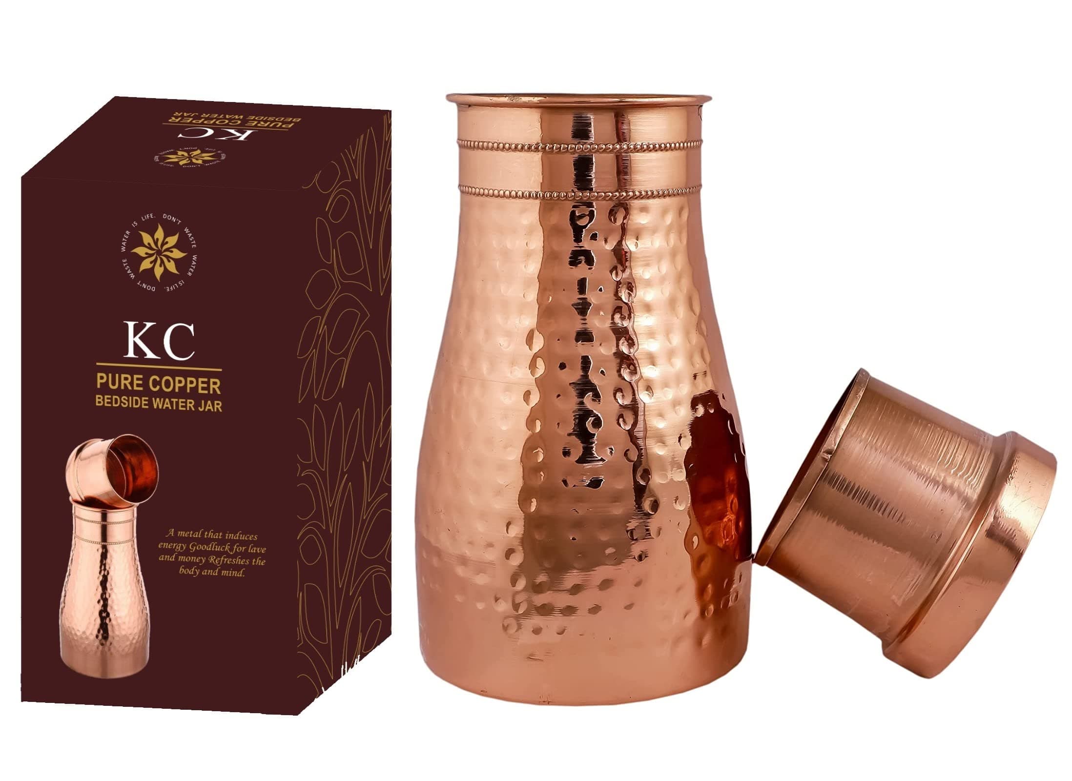 KC Pure Copper Hammered Design Copper Water Bottle /Pitchers /Jug / Bed Room Jar / Bedside Carafes with Tumbler with Lid 1000 ML