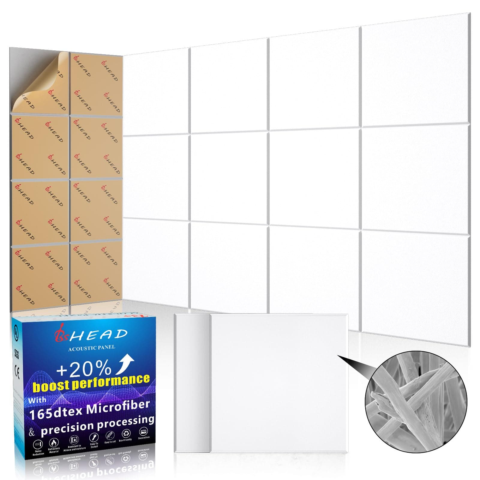 15 pcs 165dtex Microfiber Acoustic Panels ，Self-Adhesive Soundproof Wall Panels, 12 x 12 x 0.4 in Sound Proof Foam Panels for Walls, High Density, Noise Dampening Panels for Home Studio（White）