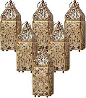 Serene Spaces Living Moroccan Lightweight Thin Gold Ornate Candle Lantern, Antique Gold Lantern, Decorative Candle Holders, Indian Wedding, Eid, Ramadan, 2.75" Diameter & 8.5" Tall, Pack of 6