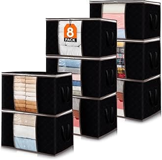 8 Pack Black Foldable Clothes Storage Bins with Lids, Reinforced Handles and Sturdy Zippers, 60L Capacity Each, 21.6 x 13.7 x 12.4 Inch, Non-woven Fabric, Ideal for Clothes and Bedding