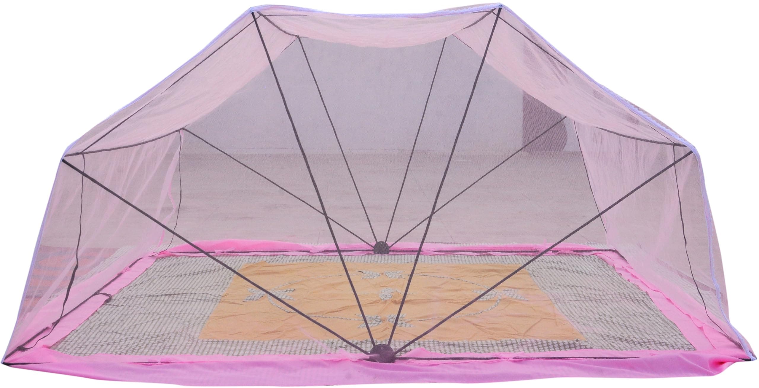 Comfort Mosquito Net | Foldable Poly-Cotton Mosquito Net with Metal Frame | King Bed Size 6 x 7 ft (Pink)