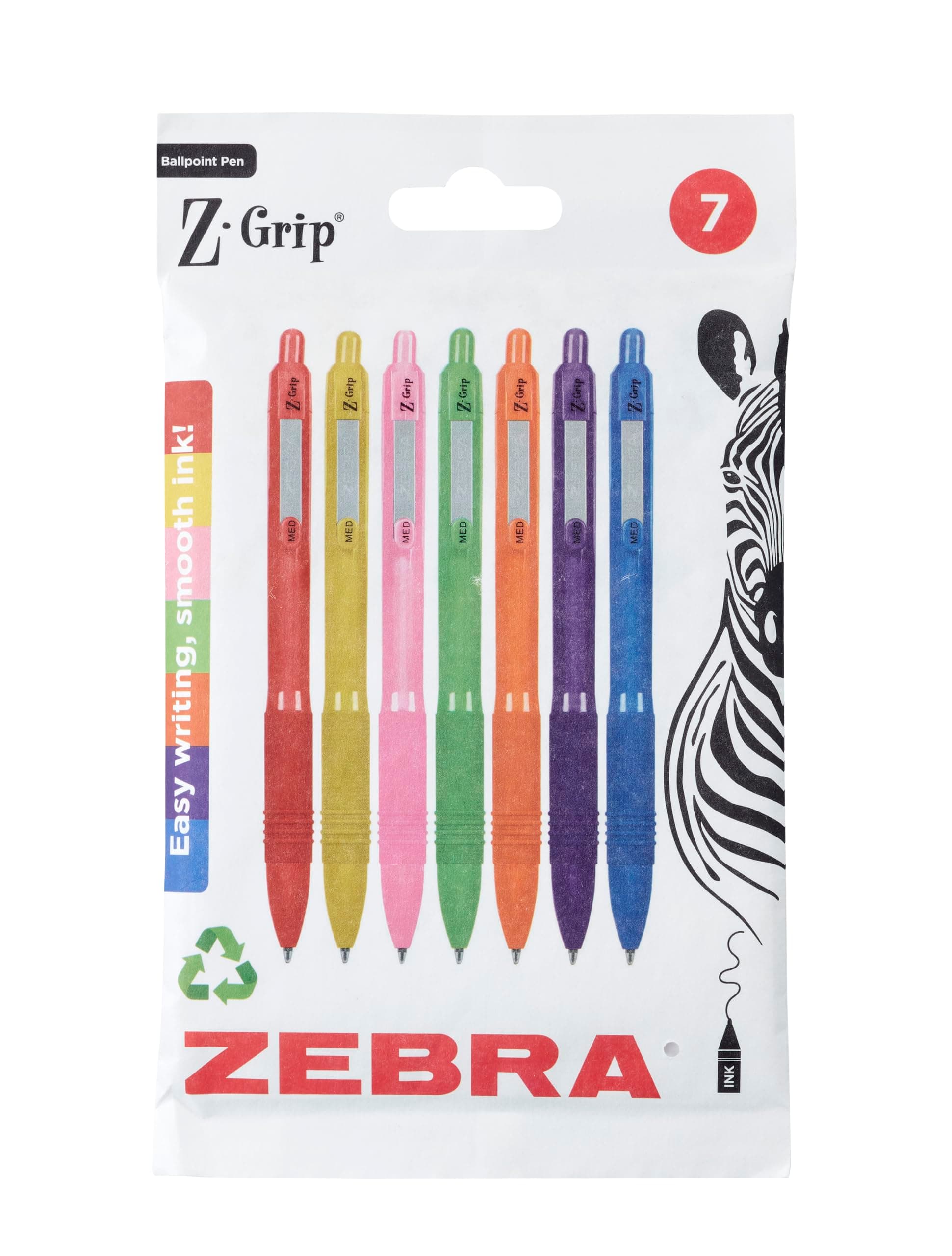 Zebra Z-Grip Smooth Ballpoint 1.0mm Rainbow barrel 7 Pack NEW RECYCLABLE PACKAGING