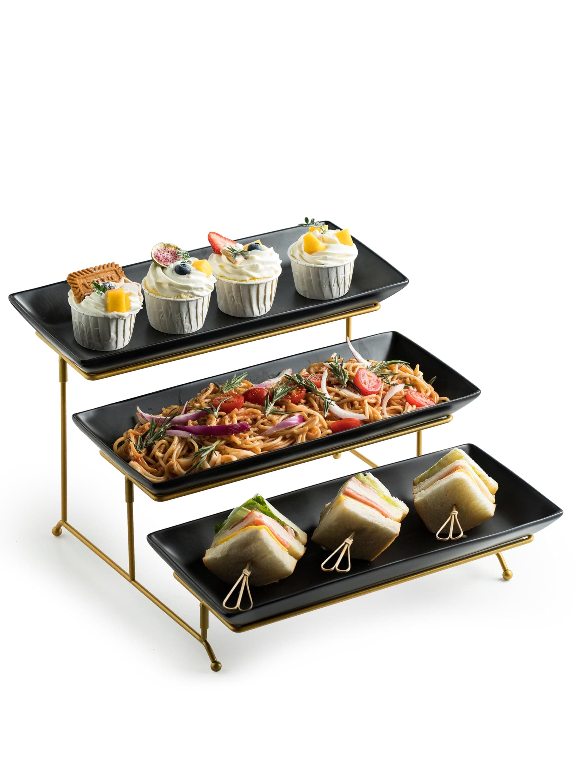 LYEOBOH 3 Tier Serving Tray Set, Tiered Serving Stand with Platters, Serving Dishes for Entertaining Halloween Christmas Party, Collapsible Sturdier Stand & 14 Inch Large Platters for Food Display