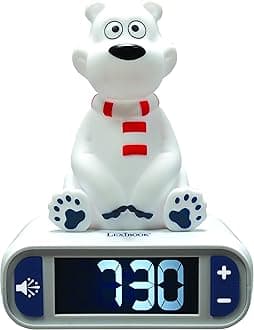 LEXIBOOK, Polar Bear, Nightlight alarm clock, Sounds and Melodies, LCD Backlit screen, Luminous, Snooze, Blue/White, RL800PB