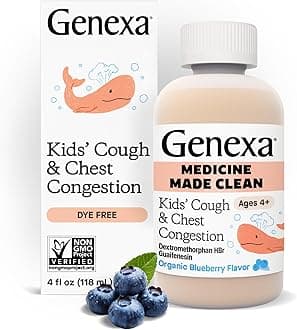Genexa Kids’ Clean Cough & Chest Congestion Medicine, Dye Free, 0% Artificial Additives, Multi-Symptom Cough Syrup for Kids 4-11, Cough Suppressant & Expectorant, Organic Blueberry Flavor, 4 fl oz