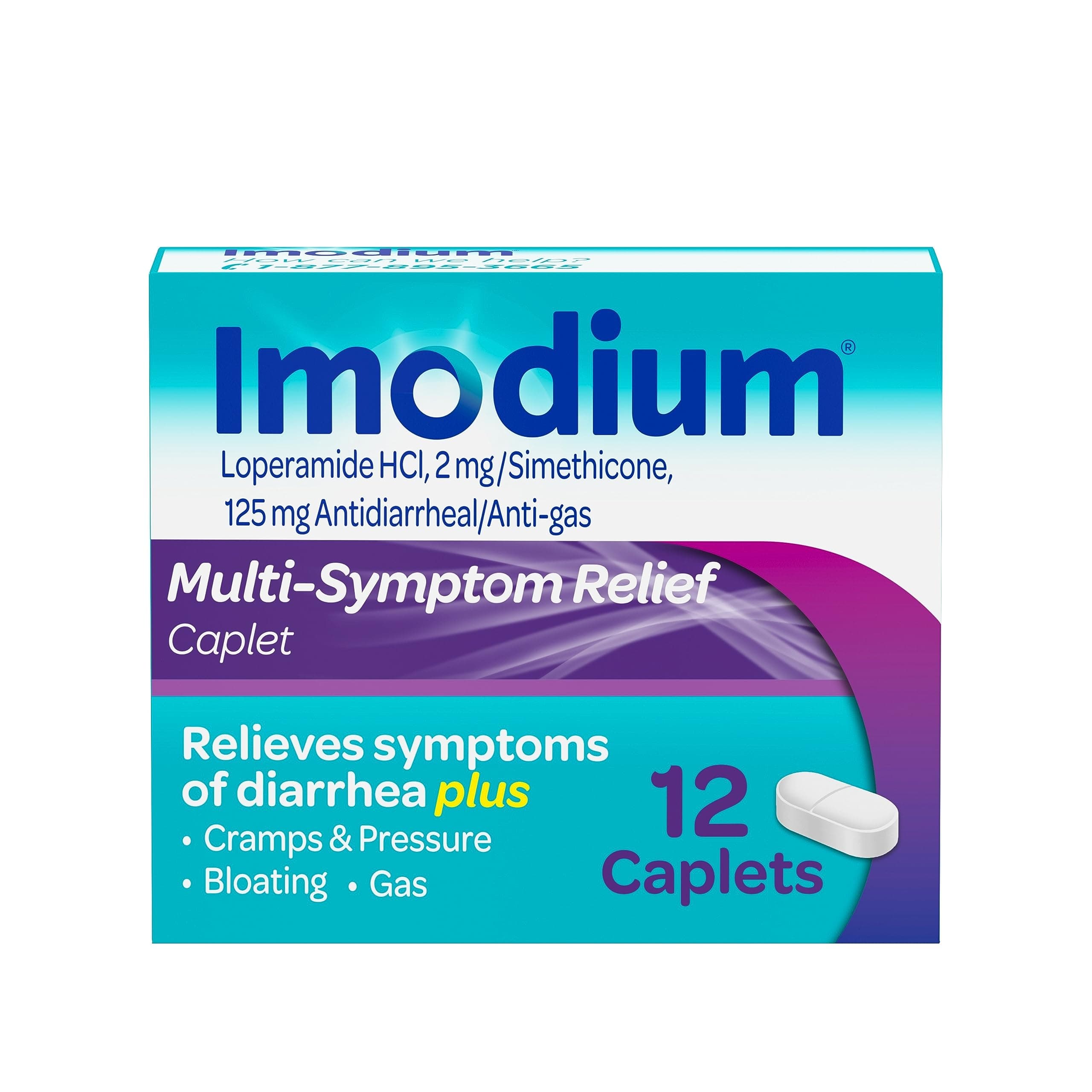 Multi-Symptom Relief Caplets, Loperamide Hydrochloride & Simethicone Anti-Diarrheal Medicine for Relief of Diarrhea, Gas, Bloating, Cramps & Pressure, HSA/FSA Eligible, 12 ct