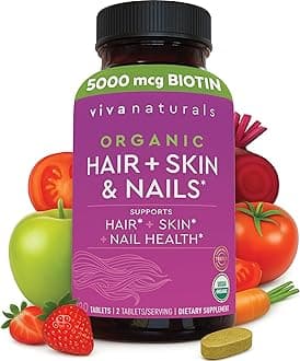 Viva Naturals Organic Hair Skin and Nails Vitamins for Women with Biotin, Hair Vitamins and Skin Vitamins That Promotes Healthy Hair and Nail Growth, 120 Tablets