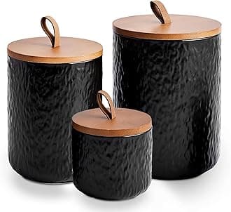 Black Ceramic Canister Set with Wooden Lid, 3-Piece Airtight Food Storage Jars for Kitchen Counter - Flour, Sugar, Coffee, Tea, Spice - Small, Medium, Large Sizes - Stone Texture