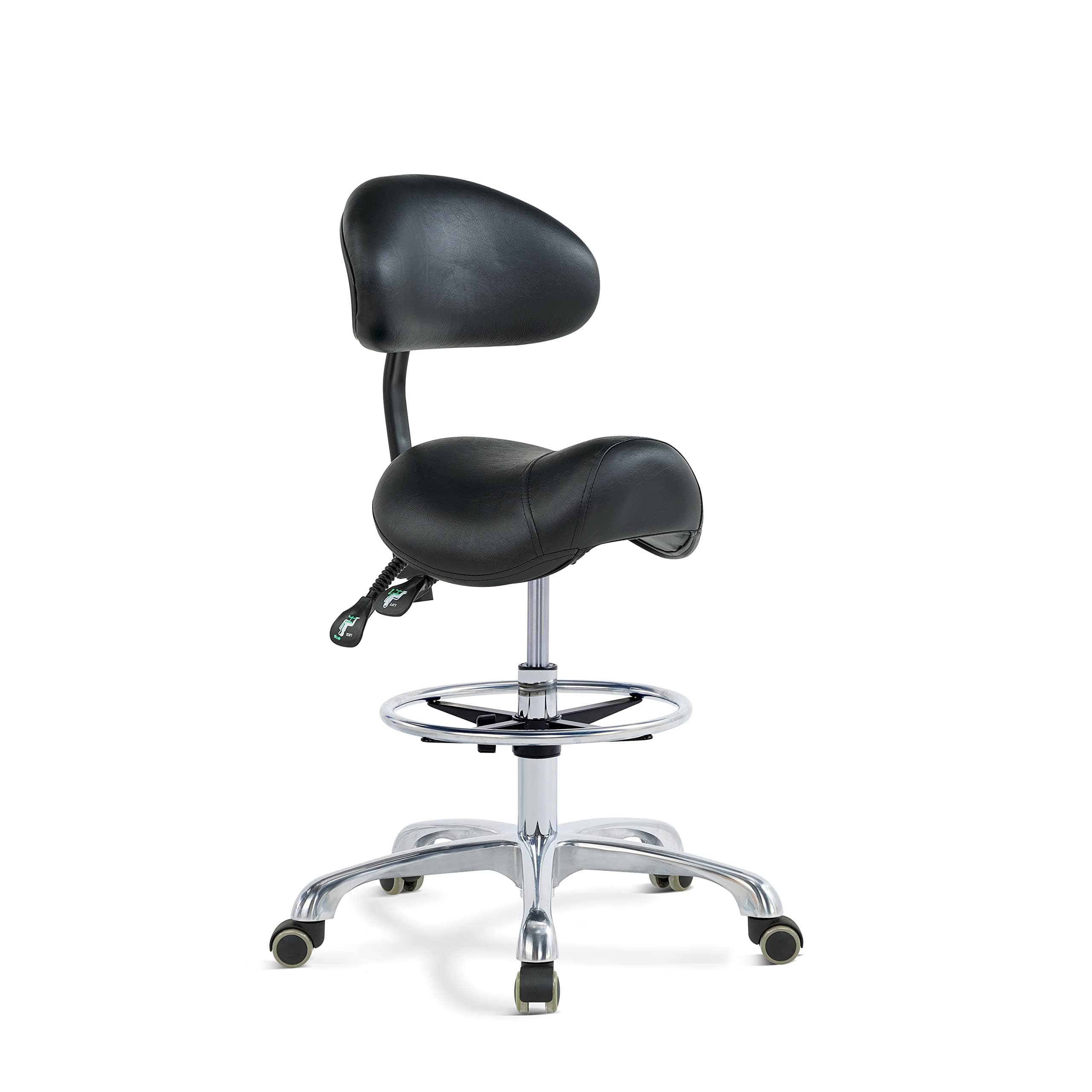 Grace&Grace Ergonomic Rolling Saddle Stool Chair with Wheels Adjustable Swivel Stool with Back and Footrest Heavy Duty for Esthetician, Artist, Dental, Medical, Spa, Salon, Cutting, Home Office