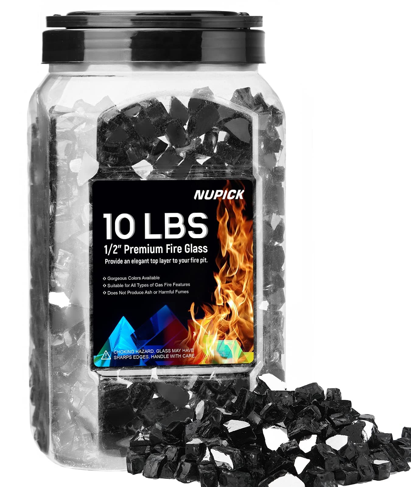 NUPICK 10 Pound Fire Glass, 1/2 Inch Reflective Fire Glass, Fit with Fire Pit Glass and Fireplace Glass, Black