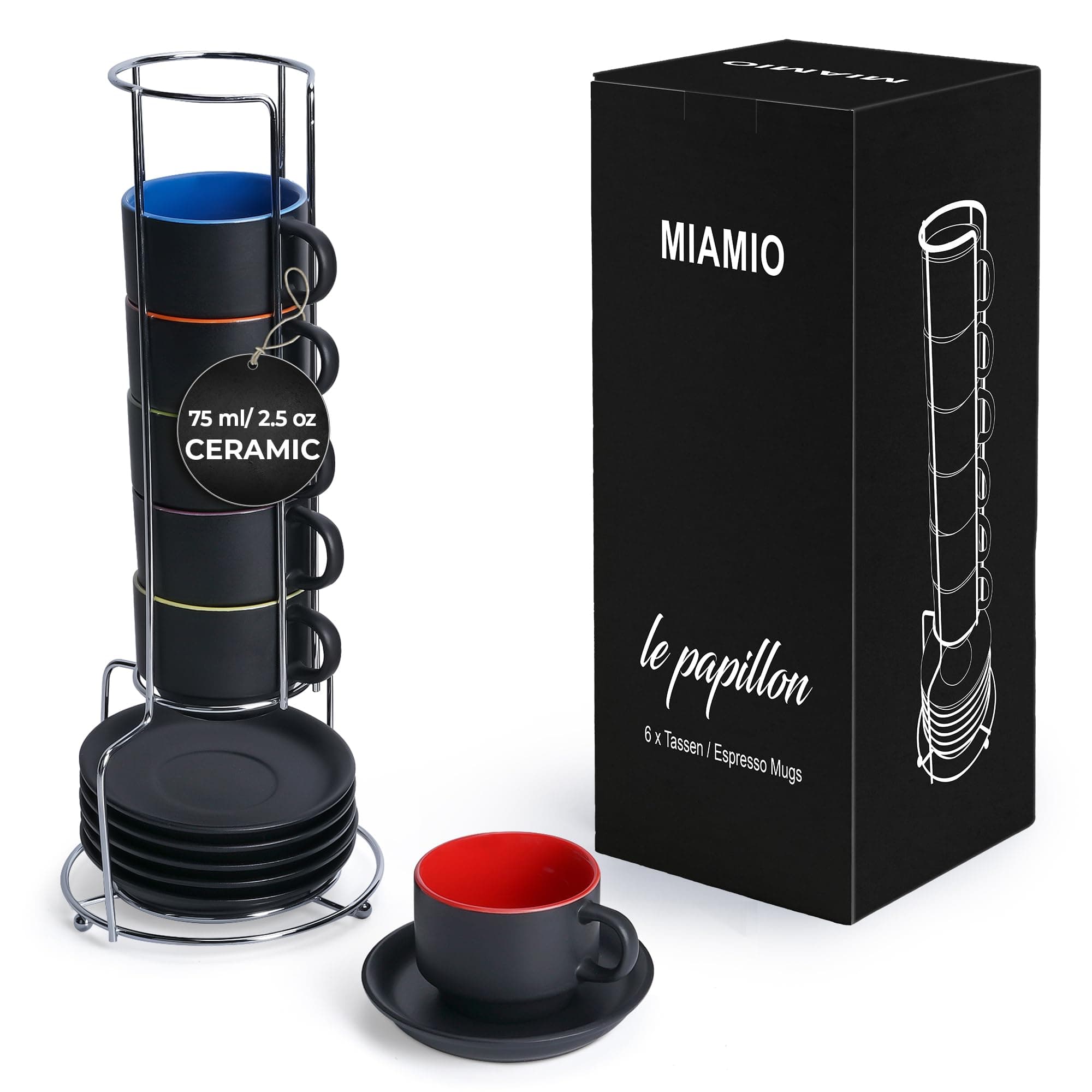 MiaMio - 75 ml x 6 Piece Stoneware Espresso Mug/Cup Set Outside Black Inside Colorful (Colourful)