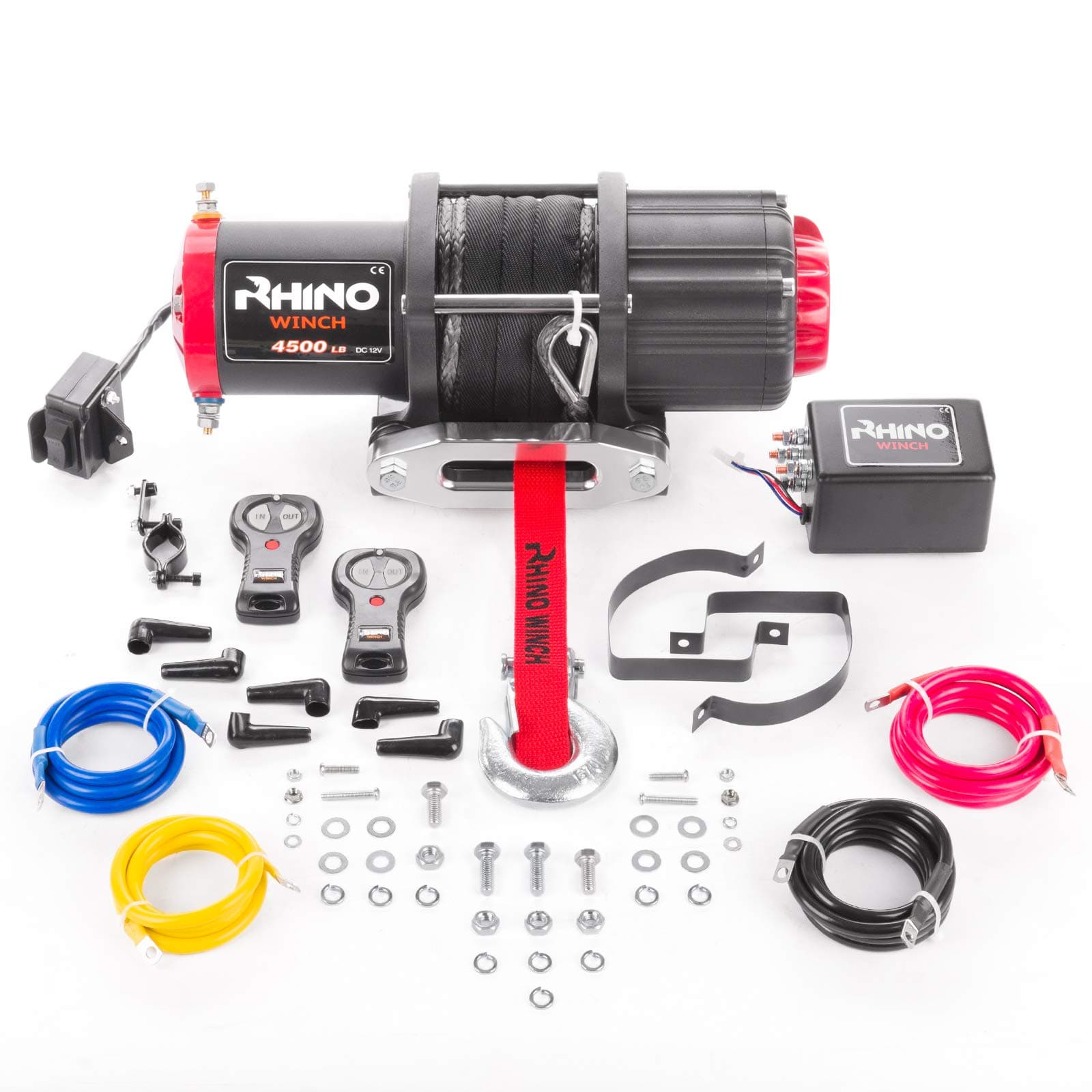 Rhino Electric Winch 4500lbs / 2040Kg 12V 15m Synthetic Dyneema Rope Stronger Than Steel Cable Recovery Winch For Boats & Light Vehicles Including Hawse, Mounting Plate & Wireless Remotes