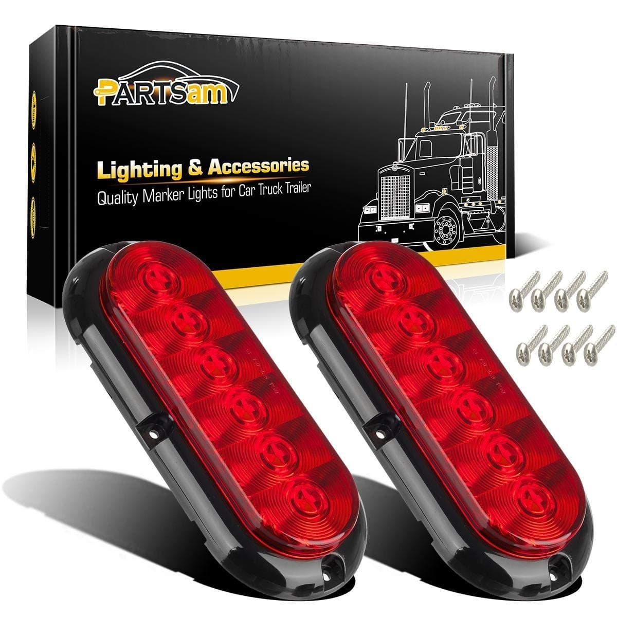 Partsam 2PCS Trailer Truck Boat Bus Red LED 6" Inch Oval Stop Turn Tail Brake Light DOT Certified Marker Lights Sealed Surface Mount 12V Waterproof IP65 Replacement for Trailer RV Trucks
