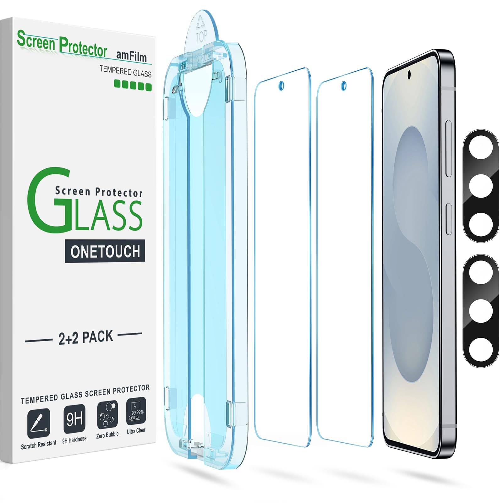 amFilm [2+2 Pack OneTouch Tempered Glass Screen Protector Guard for Samsung Galaxy S25 Plus 6.7 Inch with Camera Lens Protector, 9H Hardness, Easy Installation and Bubble Free.