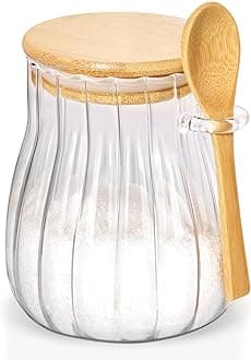20oz Sugar Container with Bamboo Lid and Spoon,600 ml Sugar Bowl Glass Jar for Coffee Bar Accessories Coffee Canister Kitchen Decor (Large)