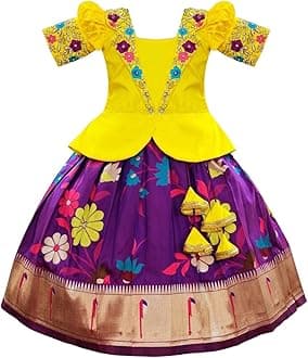 White Button Satin New South Indian Traditional Collar Digital Pattu Pavadai ...