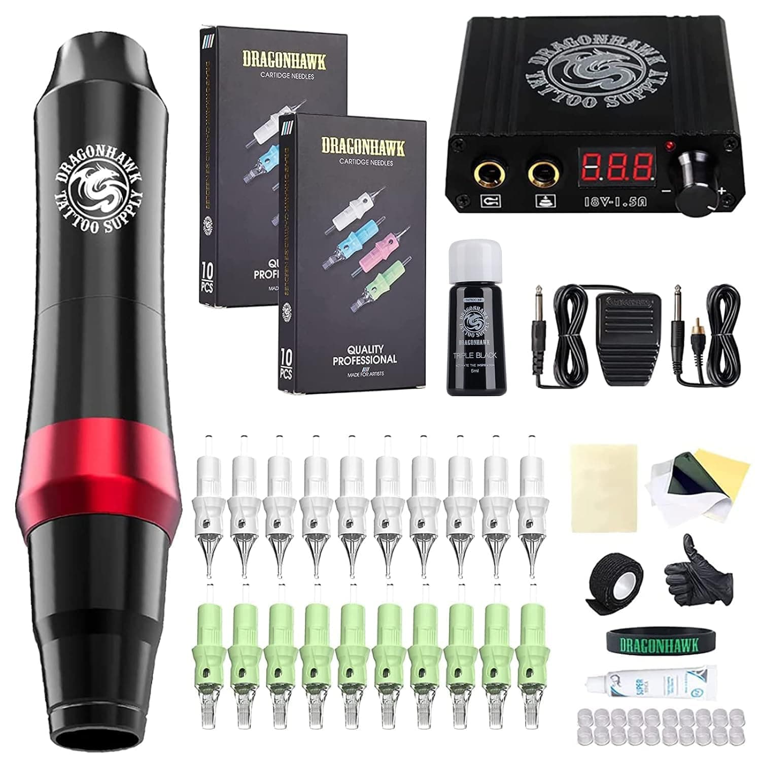 Dragonhawk S4 Tattoo Pen Kit, Complete Tattoo Machine Gun Kit, Slim Tattoo Pen with Cartridges Needles by Dragonhawklabs, Tattoo Power Supply & Black Tattoo Ink - General Tattoo Kit