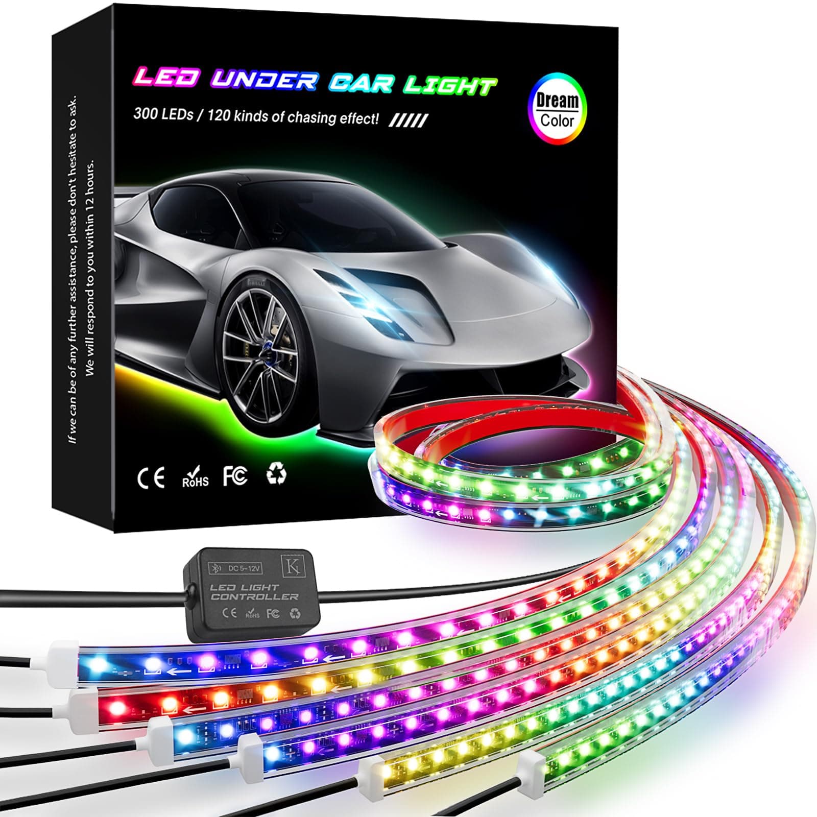 KORJO Car Underglow Lights, 6 Pcs Bluetooth Led Strip Lights with Dream Color Chasing, APP Control 12V 300 LEDs Underbody Lights, Waterproof Underglow Led Light Kit for Cars, Trucks, Boats