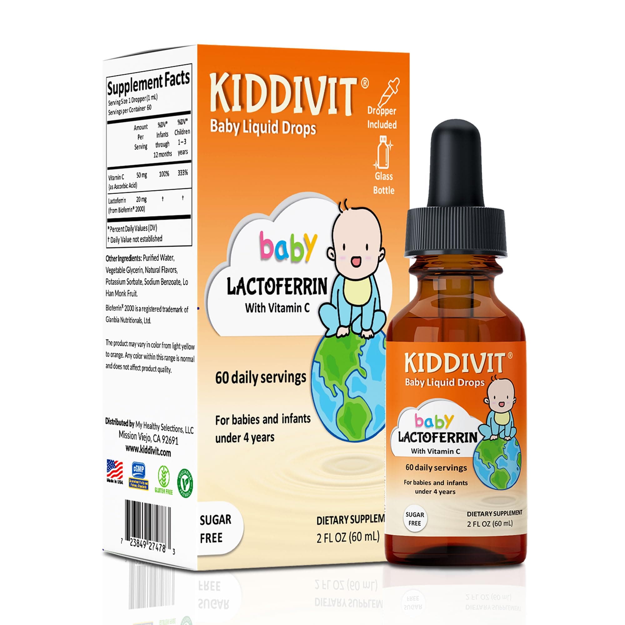 Kiddivit Baby Lactoferrin Liquid Drops – Gentle Immune Support Supplement – 100mg Formula with Prebiotic Inulin – 60 Daily Servings – Sugar Free, Gluten Free, Vegetarian, 2oz