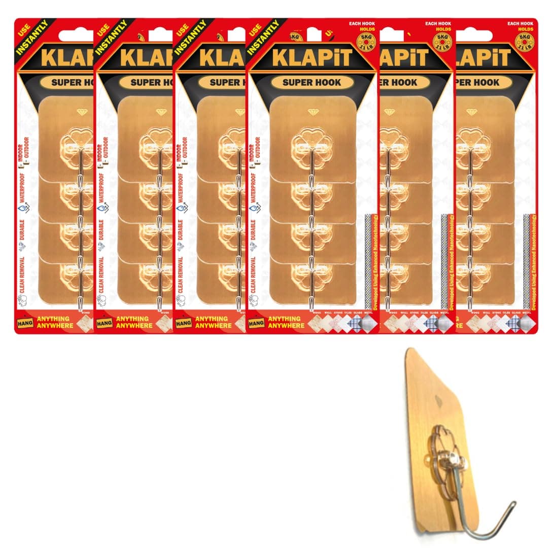 SUPER HOOK Heavy Duty adhesive wall hooks, Holds up to 11lb/5Kg Waterproof strong steel hook for wall, tiles, wood, stone, glass metal, damage-free hook. Color- Gold (24)