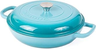 – Shallow Cast Iron Casserole with Lid – Non Stick Dutch Oven Pot, Oven Safe up to 500° F – Sturdy Ovenproof Stockpot Cookware – Enamelled Cooking Pot – Blue, 3.7-Quart, 30cm – by Nuovva