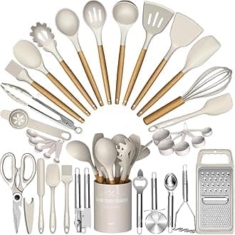 Thickened Silicone Cooking Utensils Set- Umite Chef Khaki Kitchen Utensils Set, 34PCS Heat Resistant Kitchen Gadgets Tools Set with Grater, BPA-Free Kitchen Spatula Set for Nonstick Cookware