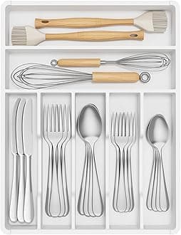 Lifewit Cutlery Drawer Organiser,Plastic Cutlery Tray for Kitchen, Small Flatware Silverware Knife & Fork Organiser for Deeper Drawer, Kitchen Countertops Tableware Holder,7 Compartment, White