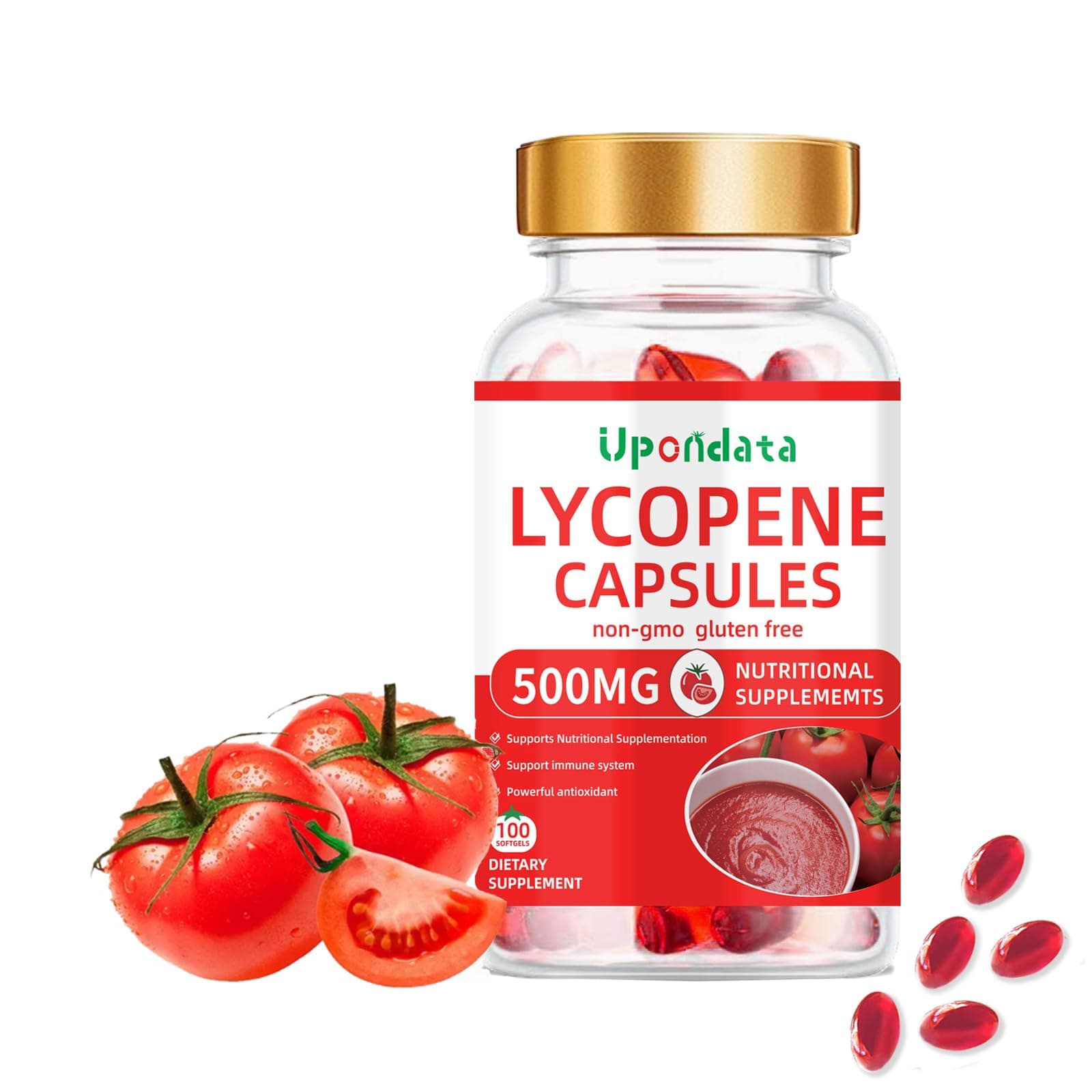 Lycopene Capsules - 500mg /100 Softgels Natural Tomato Extract Organic Complex Formula Supplement - Gluten-Free, Non-GMO (1 Pack)