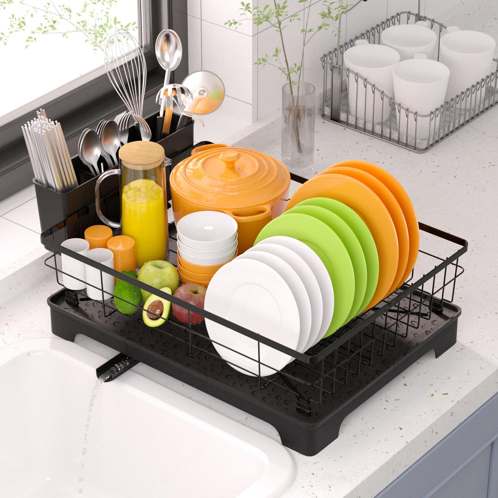 HappyHapi Drying Rack with Drainboard Utensil Holder - Durable Dish Rack for Kitchen Counter Organization of Dishes, Knives, Spoons and Forks (Black)