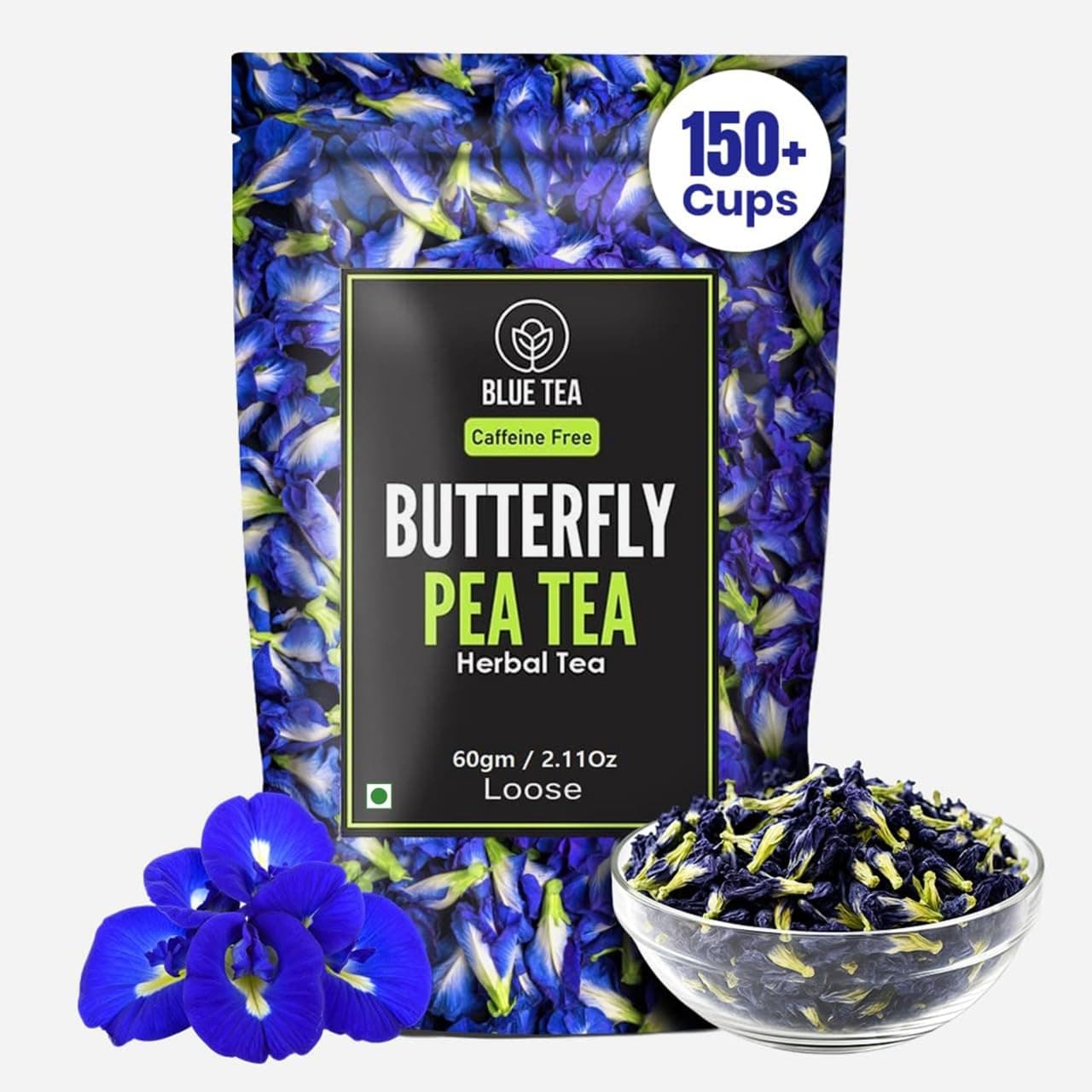 BLUE TEA - Butterfly Pea Flower Tea - 2.11 Oz (150+ Cups) | Antioxidant Rich | Chemical Free - Herbal Tea - Caffeine free - Non Bitter - No Preservatives | Zipper Pack