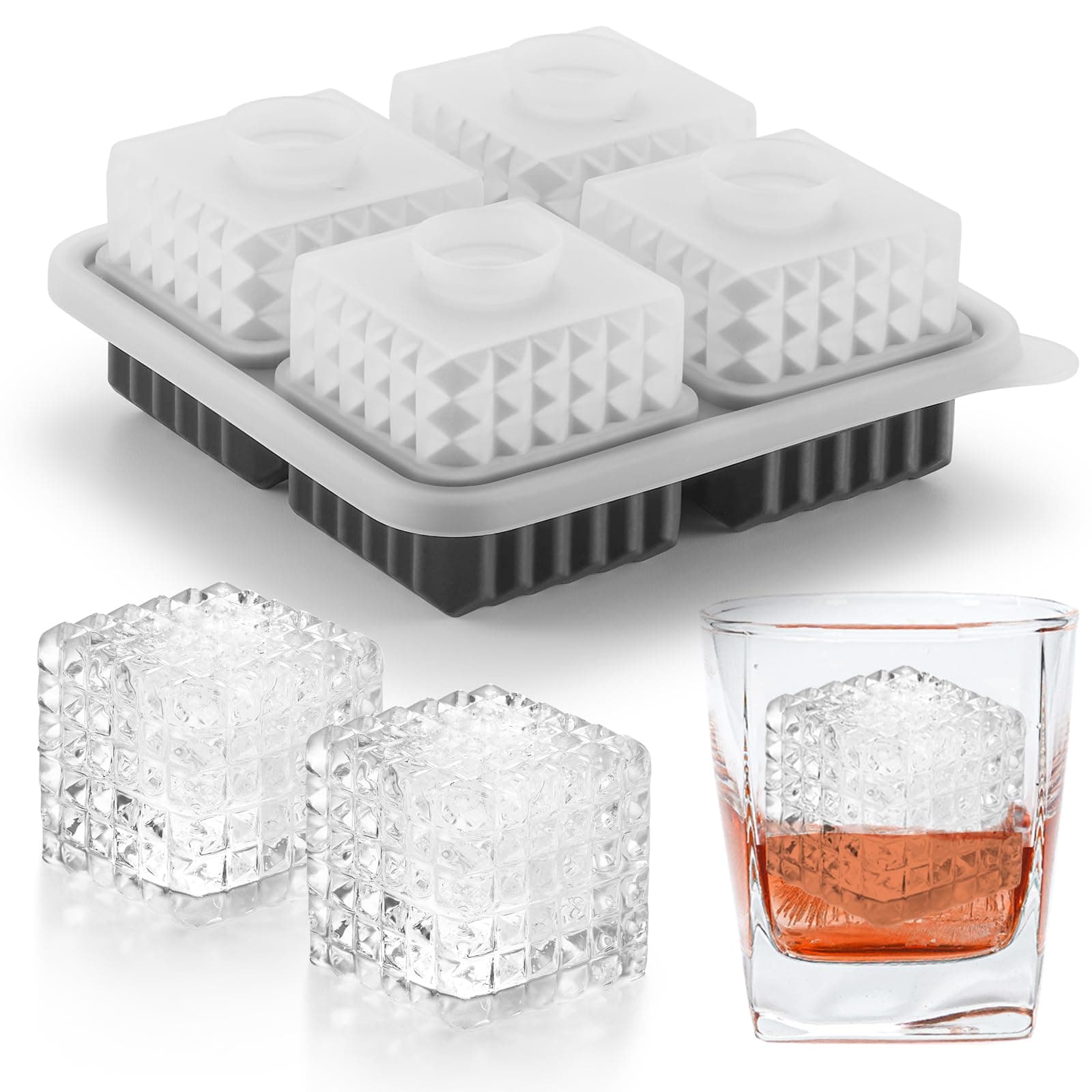 Nax Caki 3D Square Ice Cube Tray, Large Square Silicone Fun Shapes Whiskey Ice Mold with Funnel for Cocktails, Bourbon,Brandy, Whiskey Gifts for Men Black