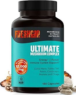 FreshCap Ultimate Mushroom Supplement 12,000mg - Nootropic Complex Capsules, Organic Mushrooms Immune Support, Brain Supplements for Memory and Focus, Ayurveda Nootropic (180 Capsules)