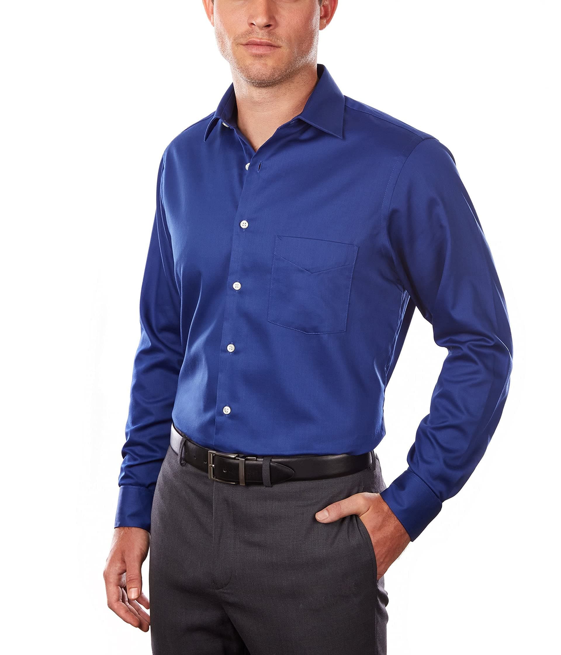 Men's Dress Shirts Regular Fit Lux Sateen Stretch Solid, Blue Velvet, 16.5" Neck 34"-35" Sleeve
