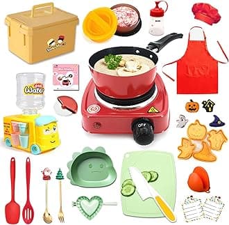 22 Pcs Montessori Kids Junior Tiny Real Toddler Safe Easy Bake Cook Set with Pretend Kitchen Tool -Mini Stove Burner, Chef, Apron, Oven Mitt, Recipes -Real Food Utensils Gift for Boys Girls Ages 6-1
